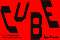 Bold black letters CUBE spelling out on bright red background with rotating sets note