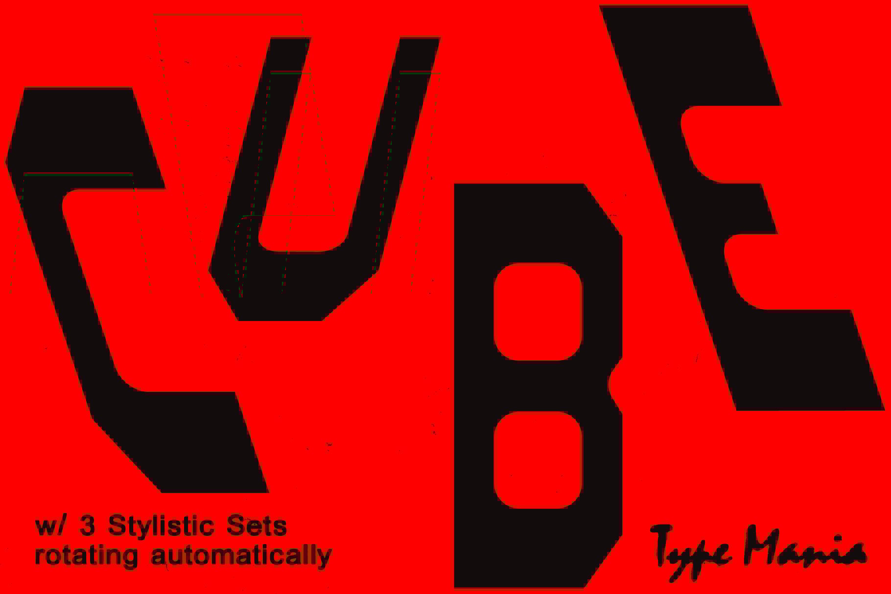 Bold geometric font Cube with 3 stylistic sets on red background for designers Type Mania modern typography graphic design fonts digital assets
