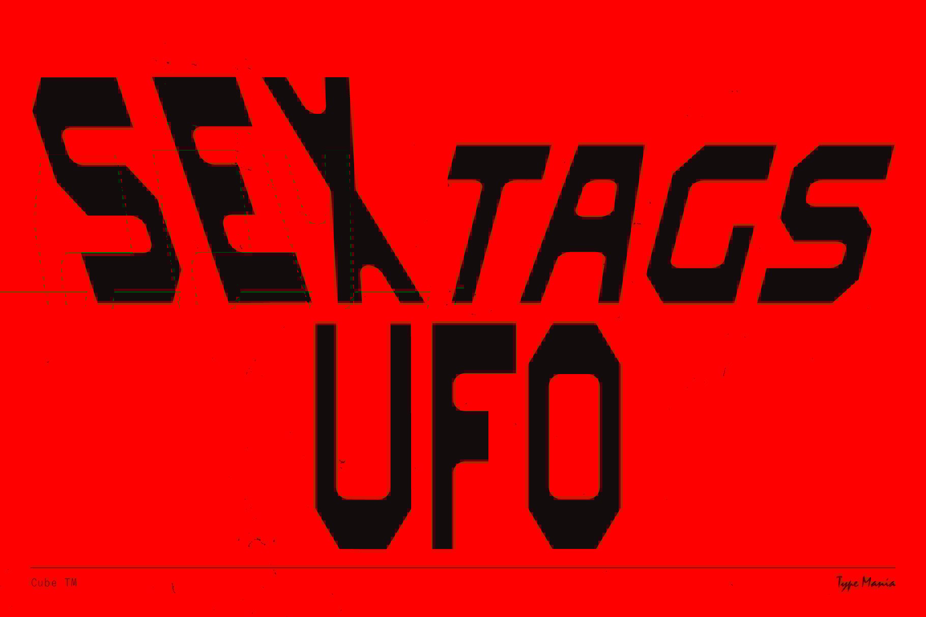 Bold red design image featuring black geometric text SEX TAGS UFO ideal for modern graphic projects typography art fonts marketplace assets designers