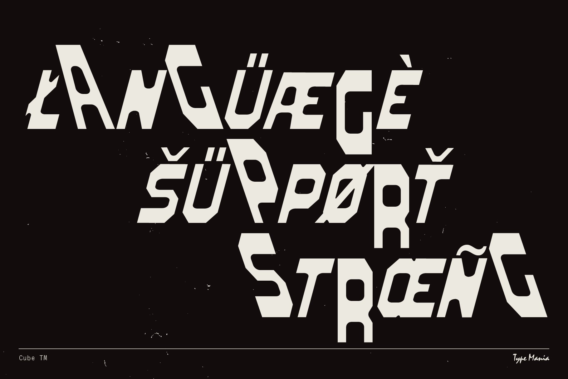 Abstract geometric font displaying Language Support Strong on black background suitable for graphic designers typography digital assets templates.