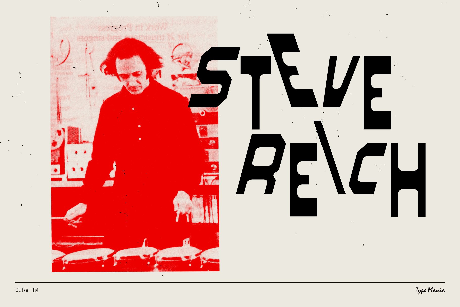 Red and black typography template featuring abstract text design with a retro illustration of a man playing drums. Ideal for graphic designers.