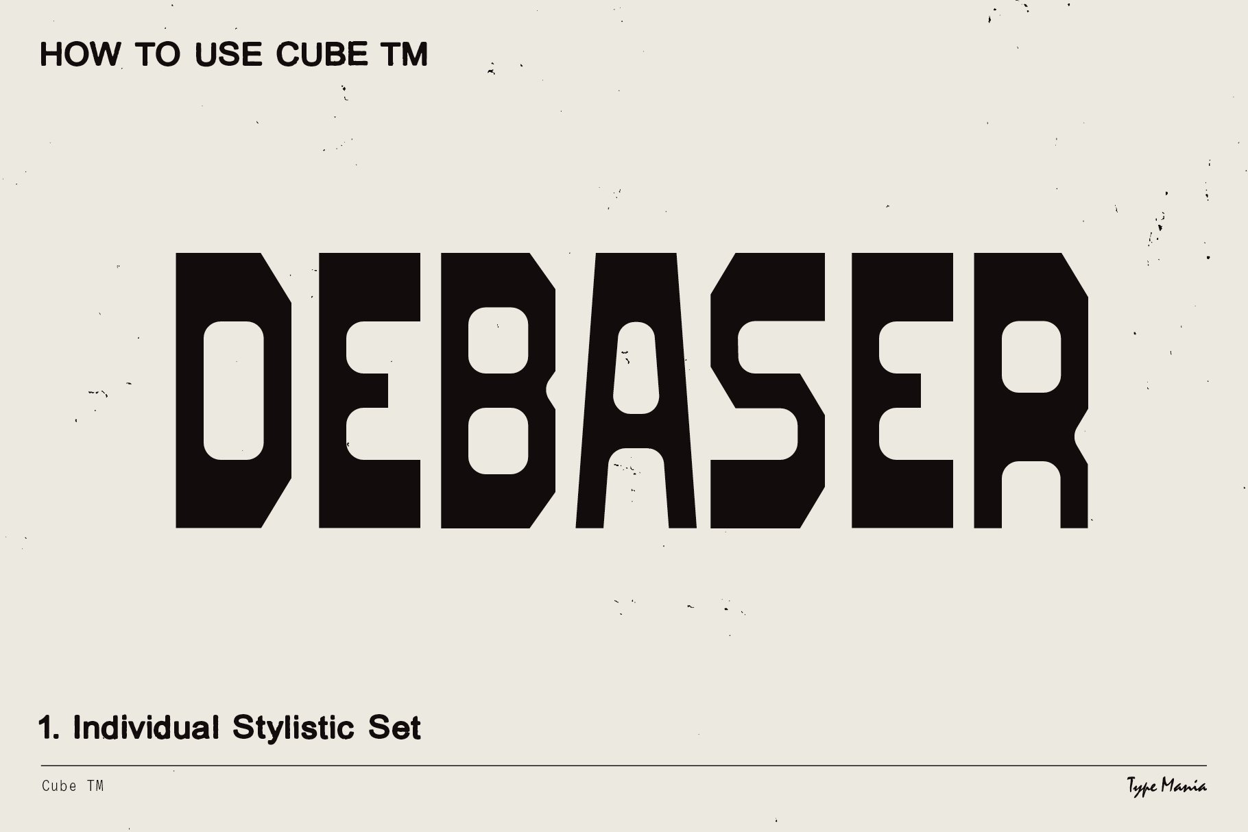 Bold geometric font design in black on off-white background labeled Debaser. Ideal for typography projects and digital asset usage by designers.
