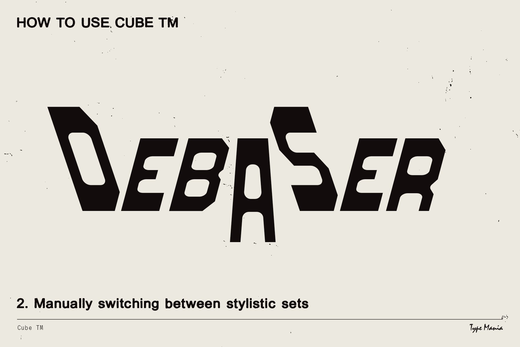 Bold geometric font style from Cube TM guide showcasing Debaser with manual switching between stylistic sets ideal for graphic design projects.