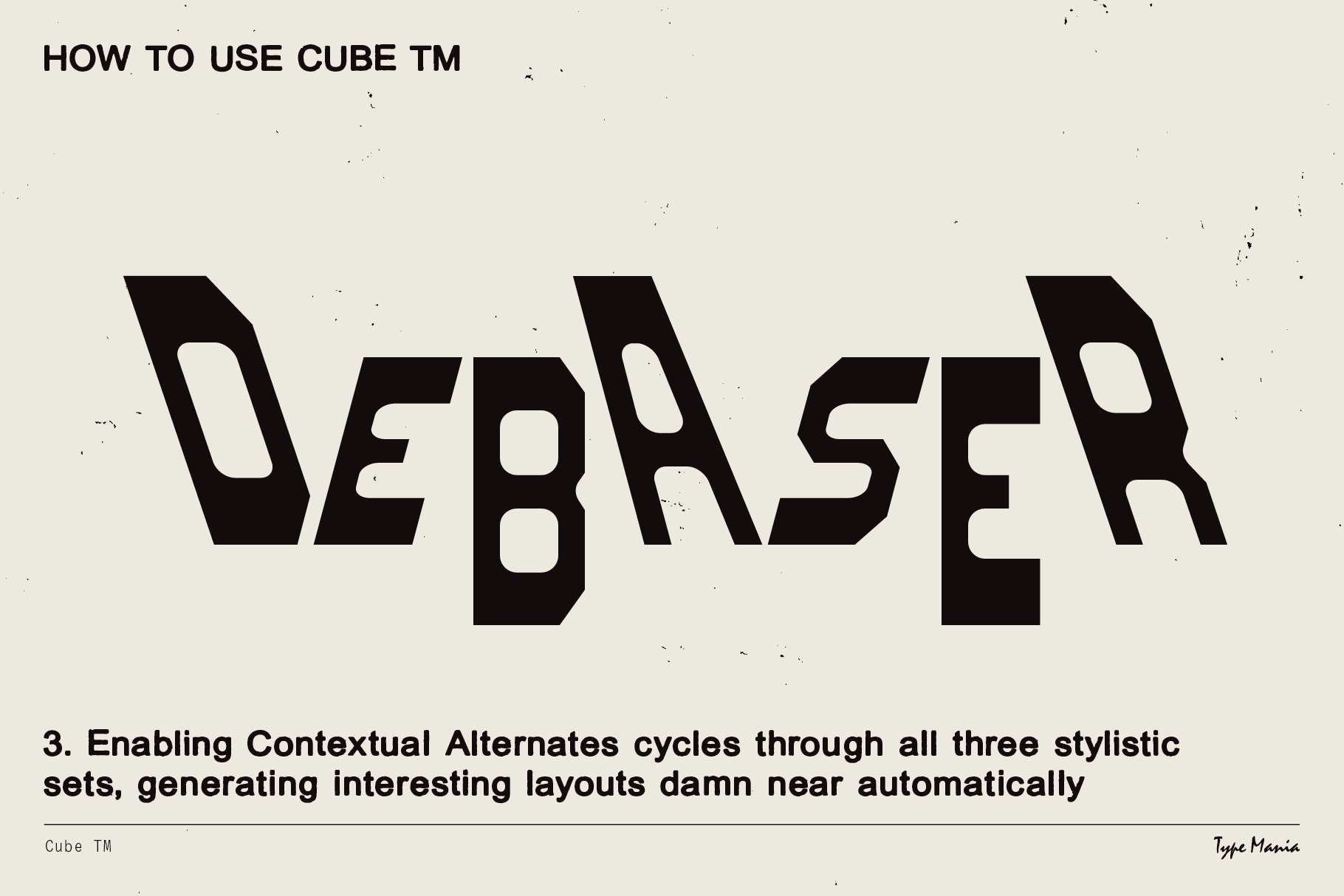 Geometric font Cube TM showing stylized text Debaser. Ideal for designers seeking unique typography for digital graphics and design templates.