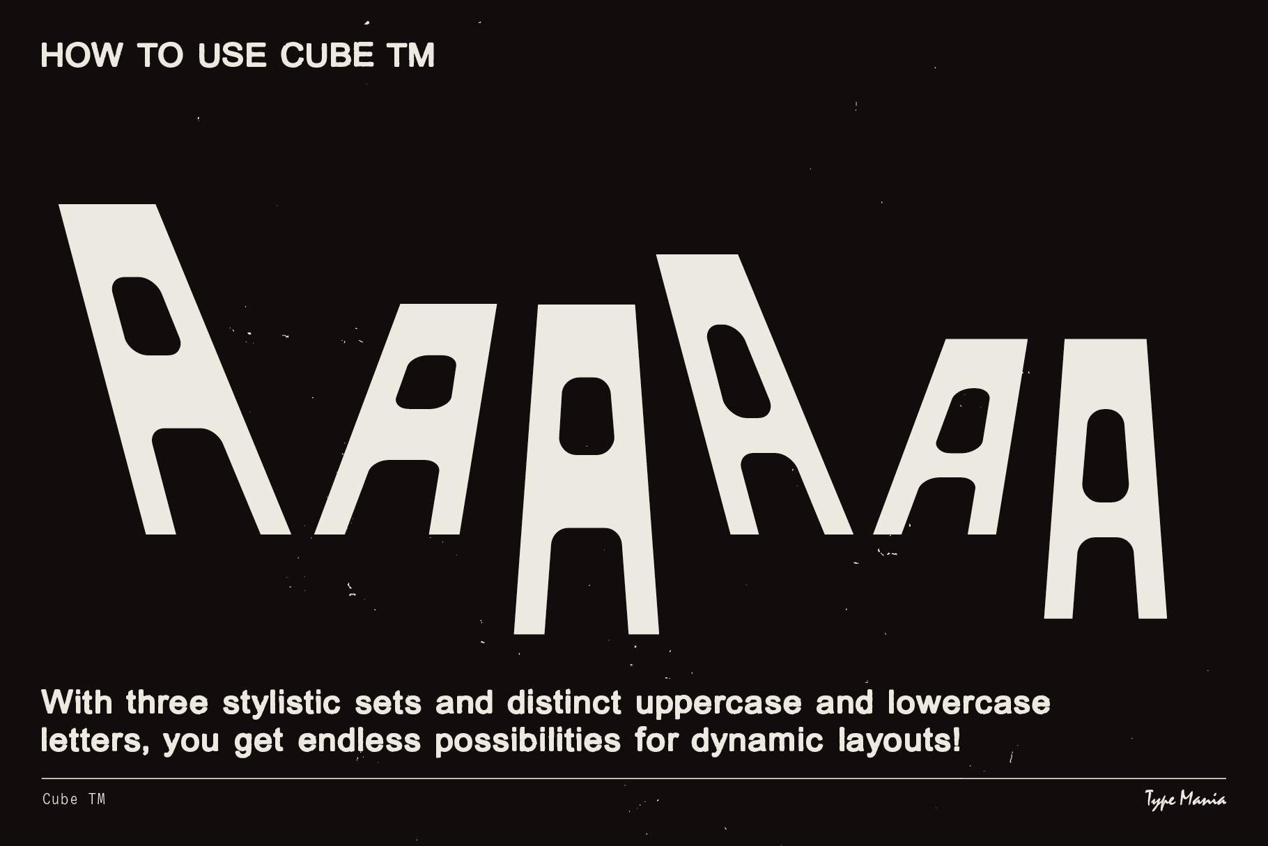 Bold A characters in varying styles from Cube TM font set on black background, showcasing typographic versatility for designers. Typography, fonts, graphics.