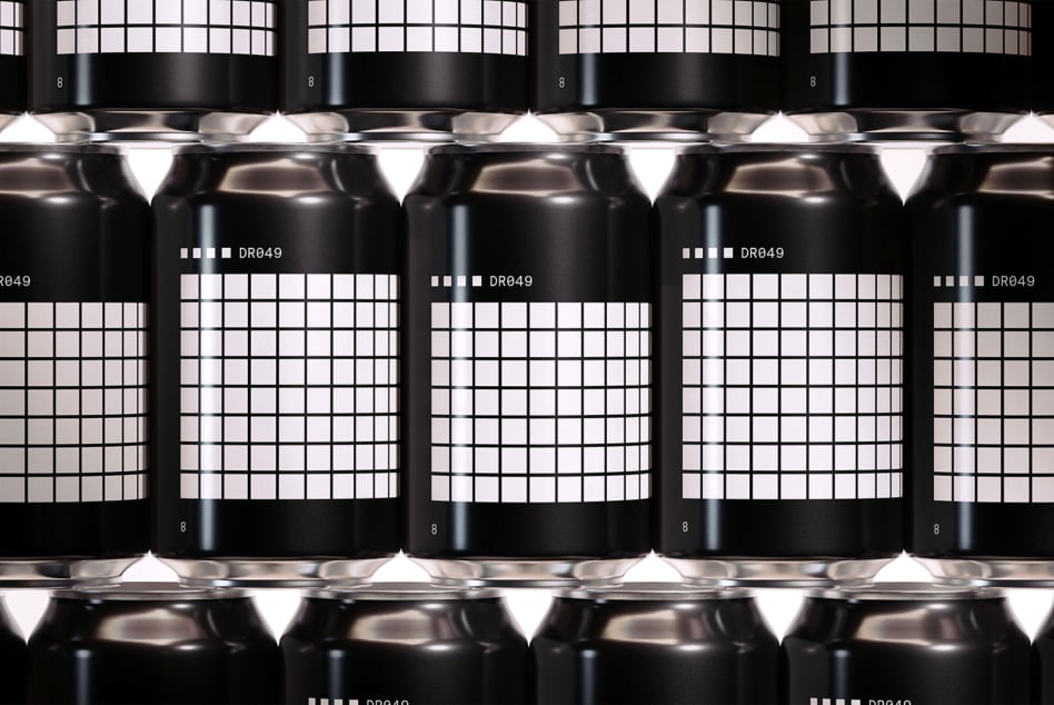 Row of black spray cans with white grid label layout showing product codes