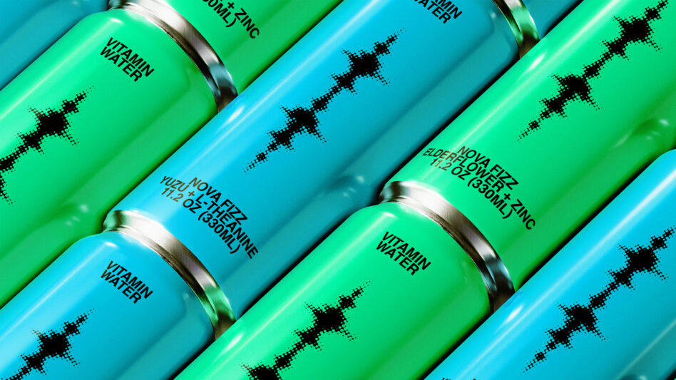 Bright green blue cans angled with pixelated lightning bolt design, vitamin water labels