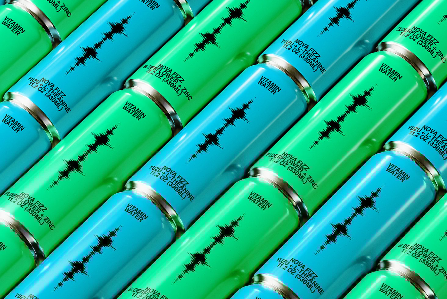 Diagonal arrangement of vitamin water cans in blue and green showcasing modern packaging design mockup for branding visuals with typography focus.