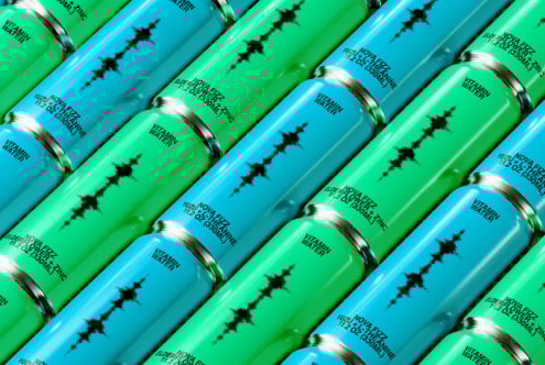Diagonal arrangement of vitamin water cans in blue and green showcasing modern packaging design mockup for branding visuals with typography focus.