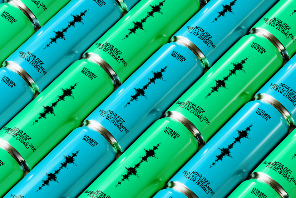 Diagonal stack of neon green blue beverage cans with glitch effect graphics