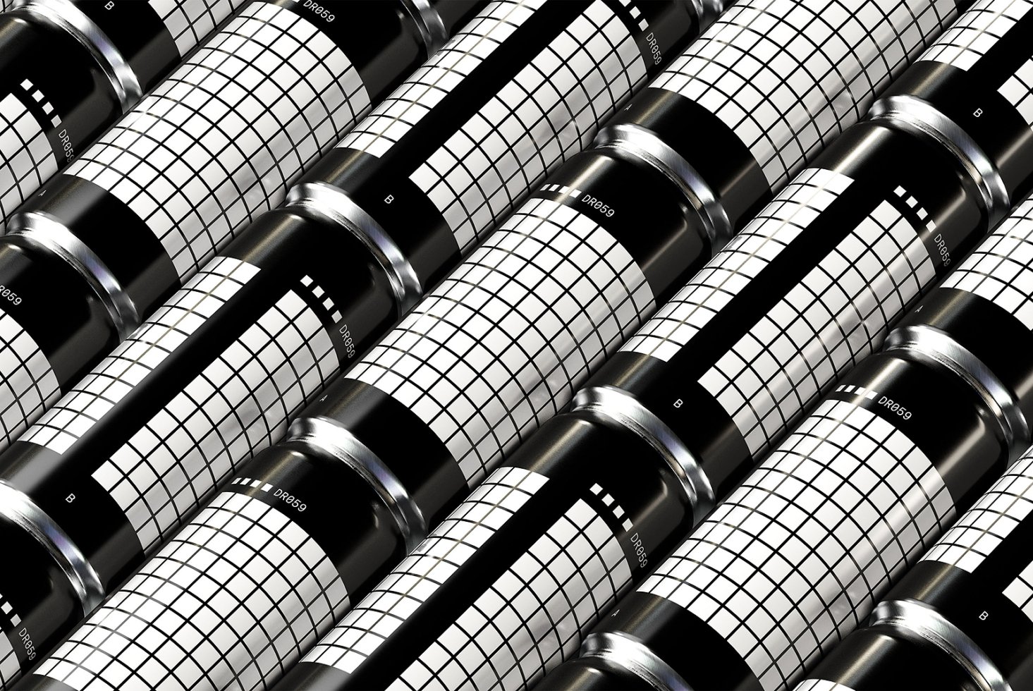 Grid patterned metallic drink cans mockup with black and white design. Ideal for packaging, branding projects. High-resolution product presentation.