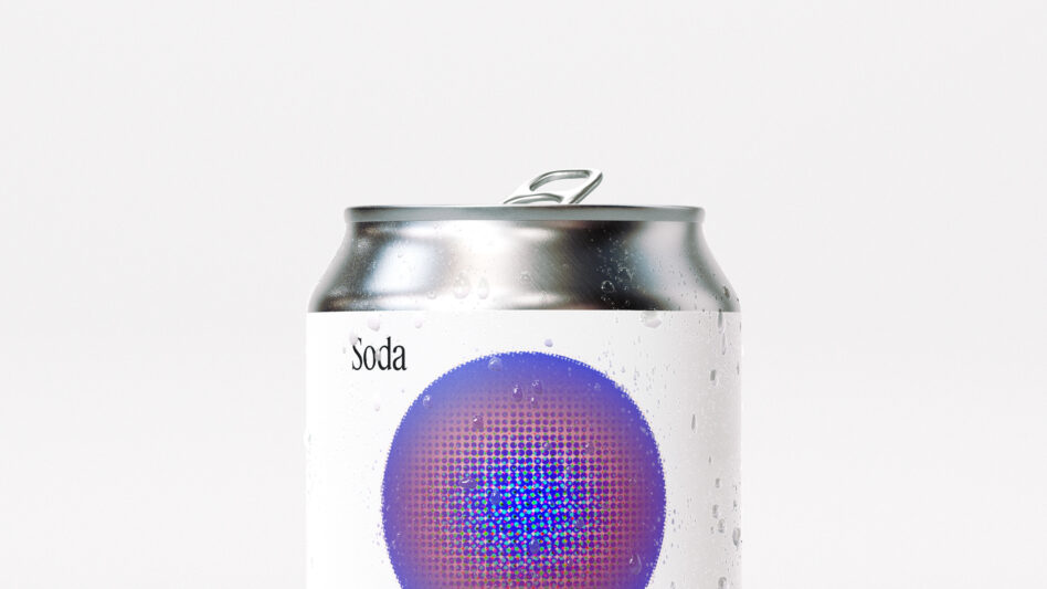 Wet soda can mockup with condensation, purple gradient circle label visible