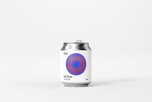 Soda can mockup featuring modern design with abstract artwork on white label. Ideal for packaging designers. Keywords: mockup, soda can, design.