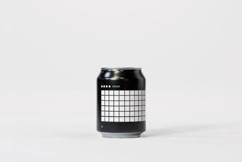 Minimalist soda can mockup with black and white grid design, ideal for branding templates, packaging graphics, designer mockups, and product showcases.