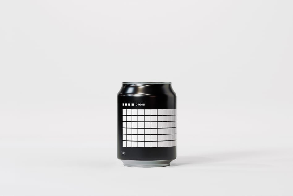 Black soda can mockup with minimal grid pattern design on dark metal surface
