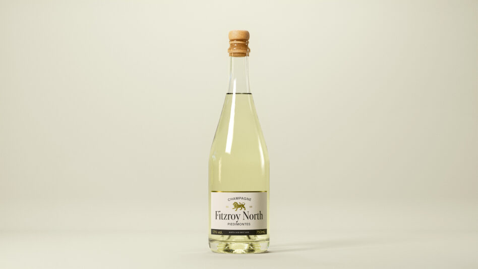 Champagne bottle mockup with pale yellow liquid, cork top, cream background