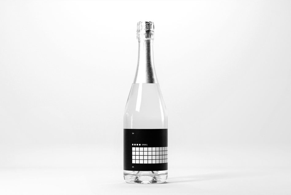 Champagne bottle with black label displaying grid pattern design