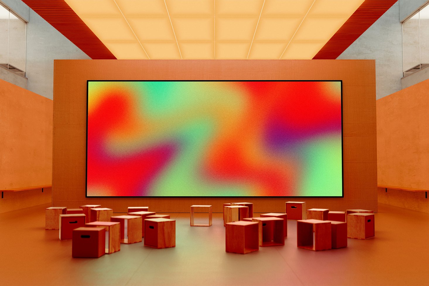 Colorful abstract gradient on large screen in modern interior with wooden stools. Perfect for graphic designers seeking vibrant templates and high-impact visuals.
