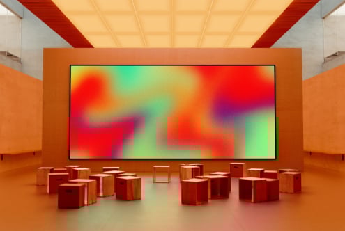 Colorful abstract gradient on large screen in modern interior with wooden stools. Perfect for graphic designers seeking vibrant templates and high-impact visuals.