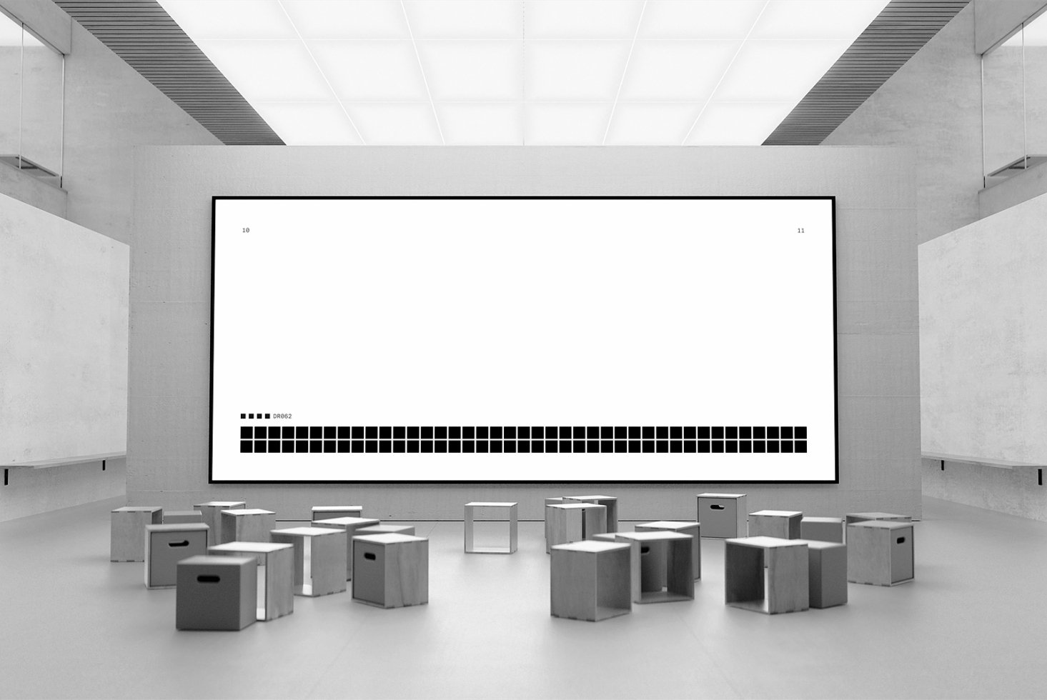 Minimalist mockup of a modern gallery space with abstract art on display cubes and large digital screen perfect for designers visualization projects.