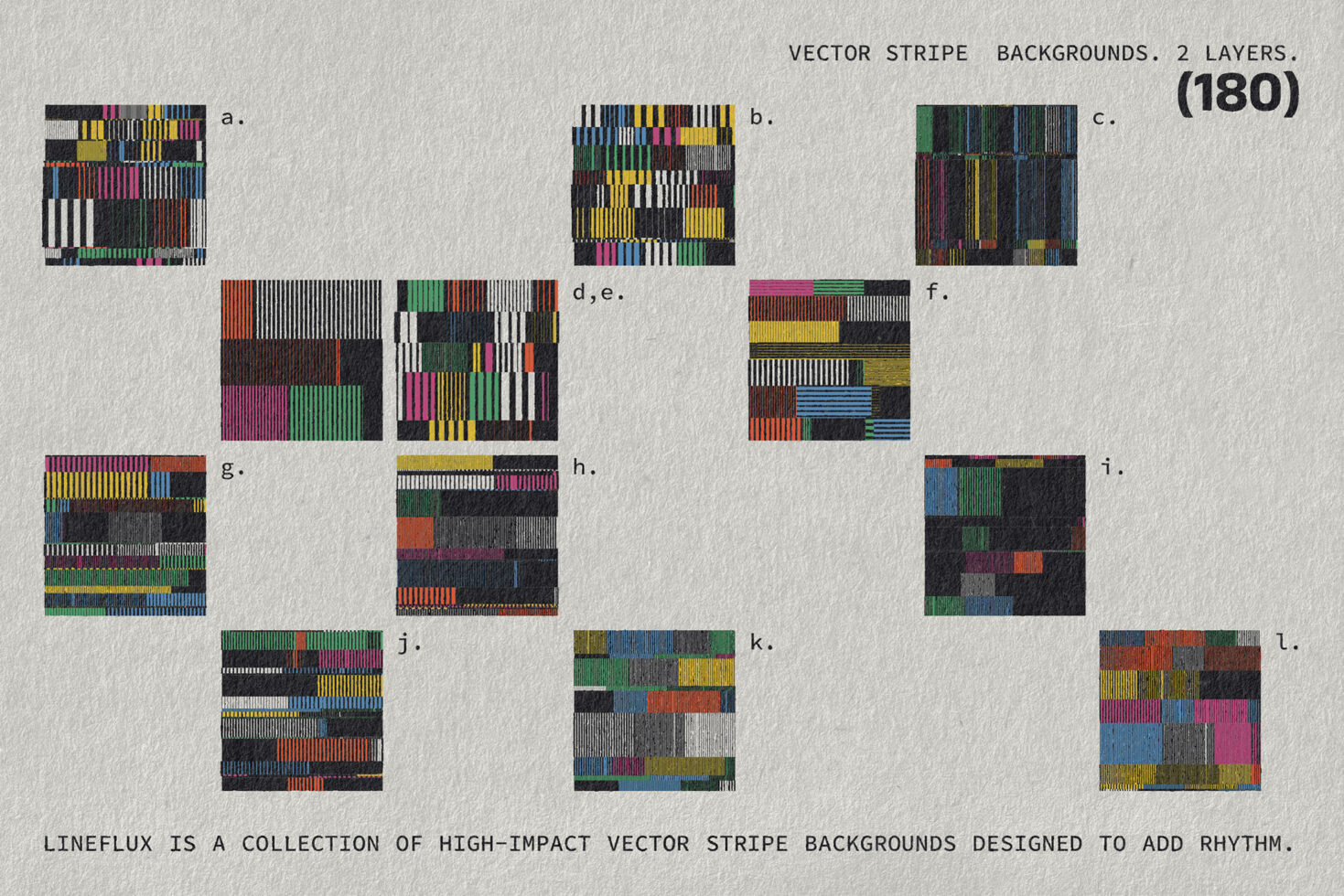Vector stripe backgrounds with 12 colorful designs on textured paper ideal for graphic design templates and mockups. High-impact pattern collection.