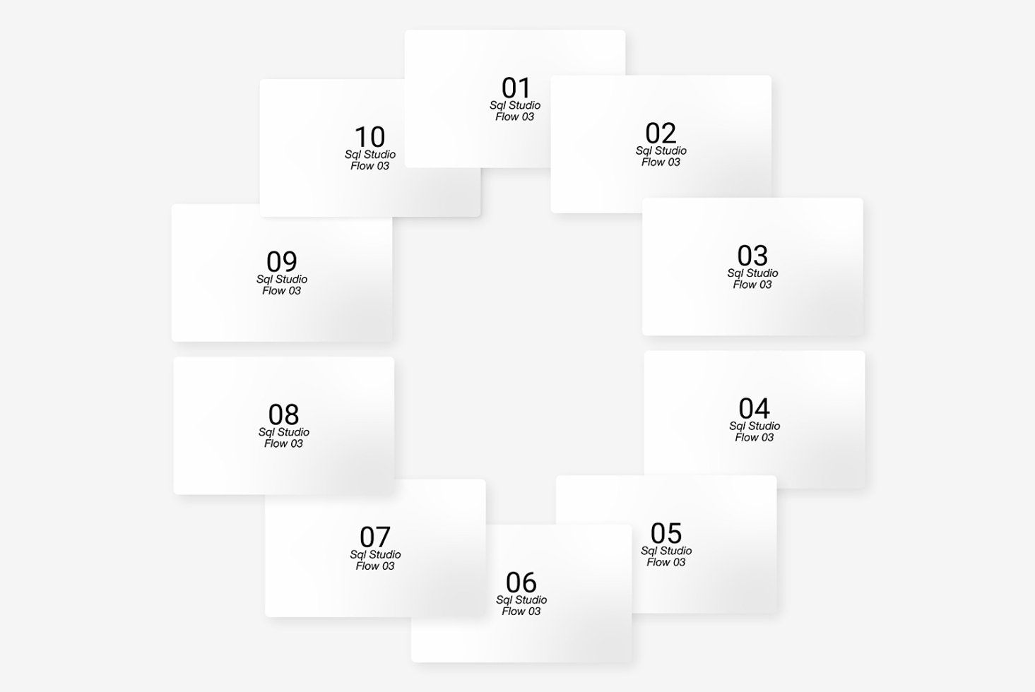 Minimalist flow chart template featuring 10 numbered white cards arranged in a circular pattern ideally for design projects and presentations mockups
