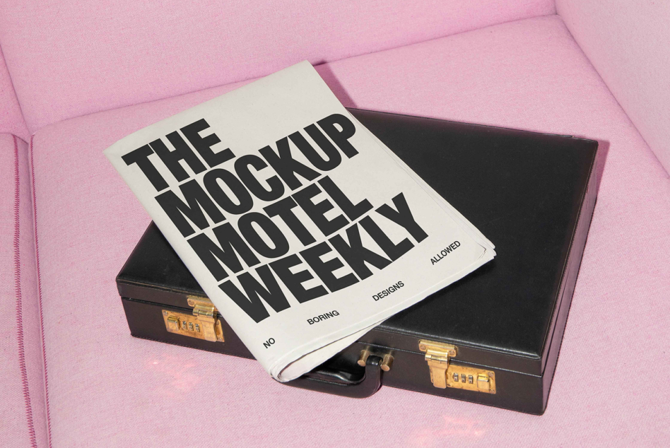 Black suitcase with bold motel weekly magazine mockup on pink cushion