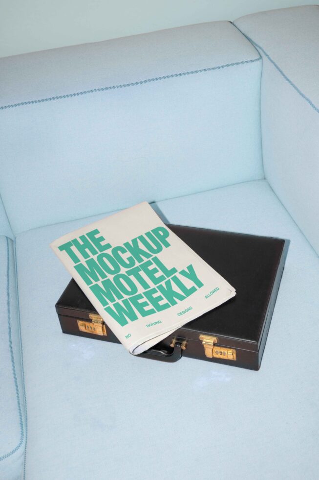 Magazine mockup on a black briefcase placed on a light blue sofa. Ideal for designers seeking stylish templates and creative inspiration.