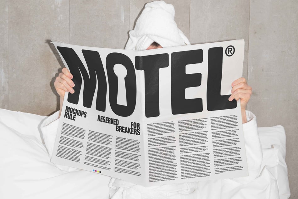 Person in a white robe reads newspaper in bed. Headline says MOTEL. Design mockup for showcasing editorial layouts. Keywords: Mockups, Templates, Designers