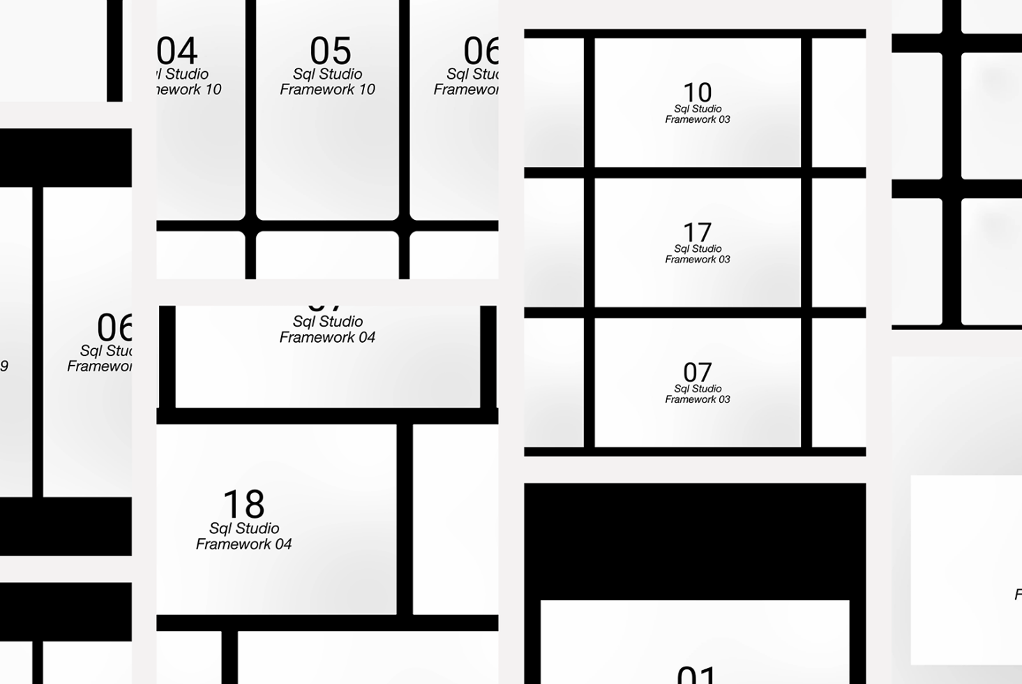 Grid layout mockup featuring Sql Studio framework designs for digital assets showcases. Ideal for designers seeking templates and graphics.