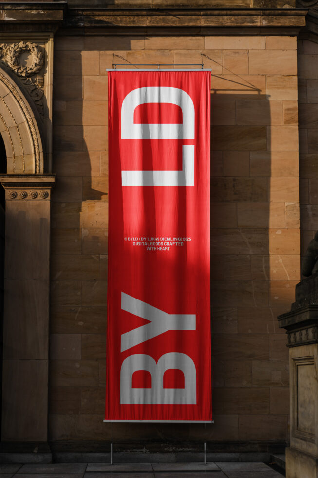 Red vertical banner mockup with bold white text on vintage stone wall perfect for designers seeking urban templates for branding visual presentations.