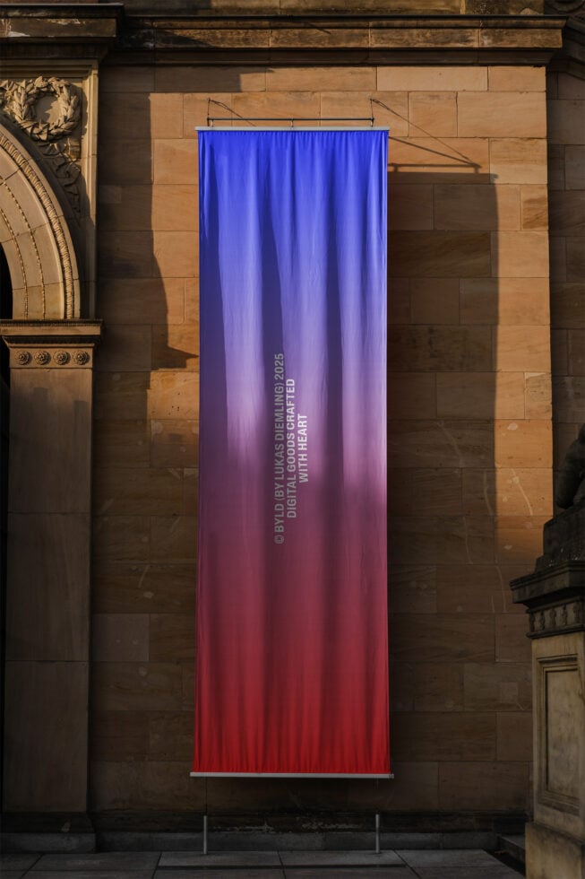Vertical gradient banner mockup with text against historic brick wall. Ideal for graphic design presentations. Keywords: mockup design template.