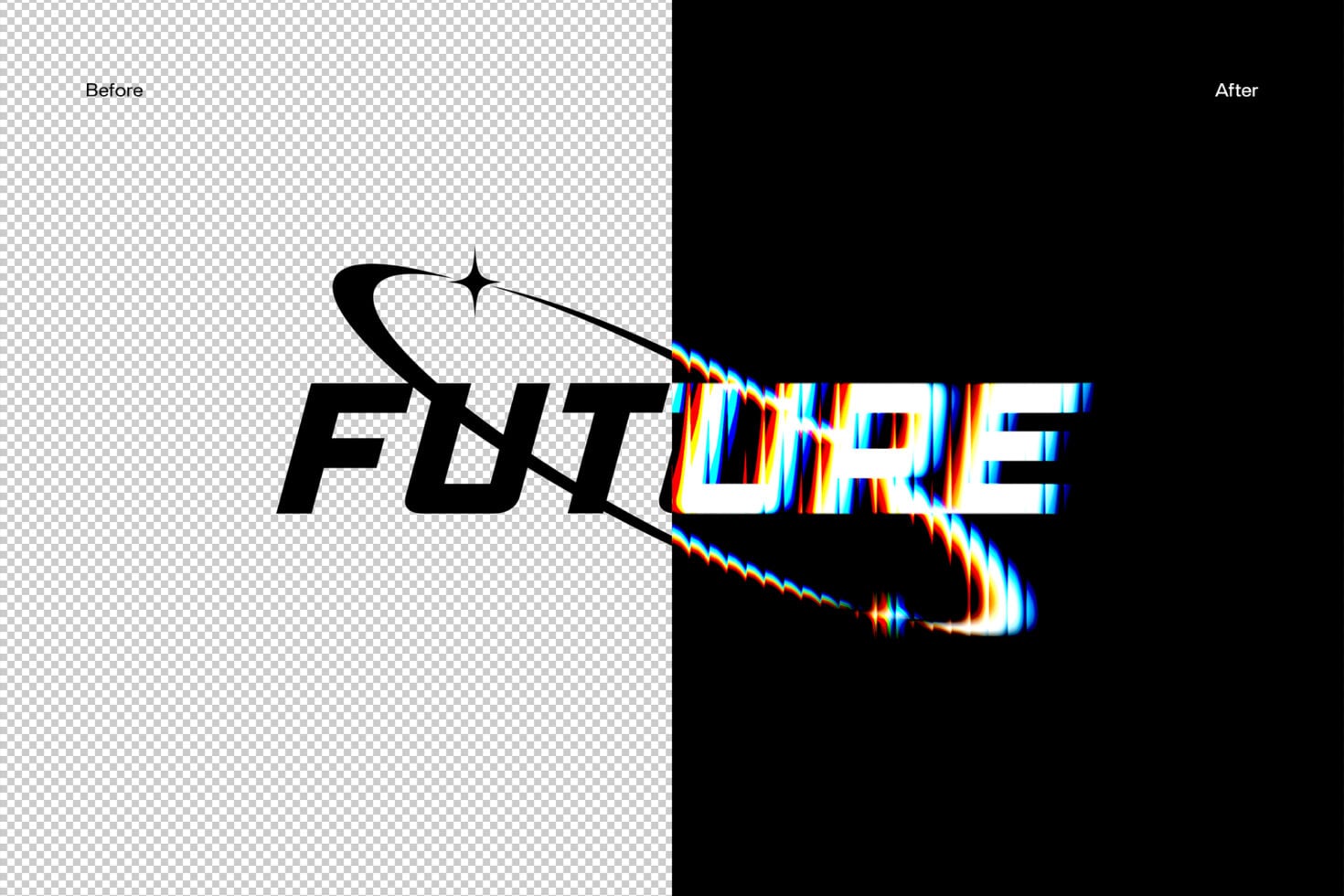 Before after split showing logo with chrome chromatic aberration effect