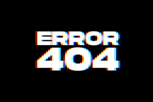 Glitchy Error 404 text on black background perfect for digital graphics designers looking for visual assets in web design templates and digital displays.