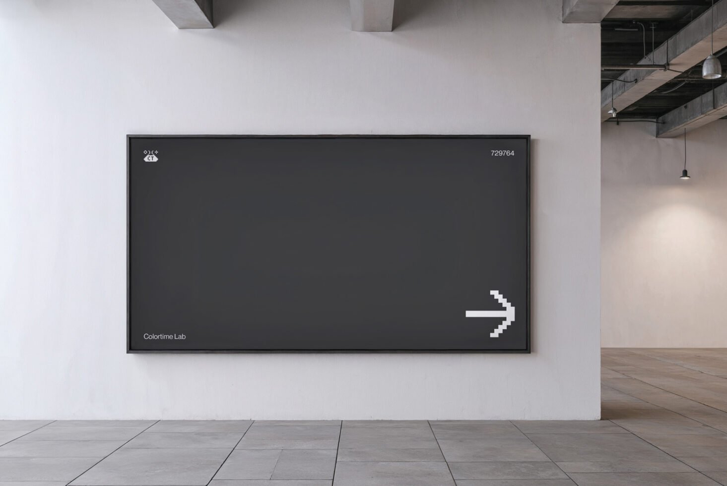 Blank black digital signage mockup in a modern interior with pixelated arrow design. Perfect for designers seeking advertising graphics templates.