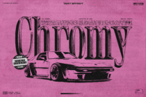Chrome text effect on hot pink background with sports car underneath on controlled asset label