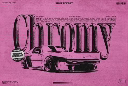 Bold chrome text effect with retro car illustration on pink grunge background for Photoshop mockups, perfect for designers seeking vintage aesthetics