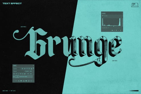 Grunge text effect template showcasing vintage typography for graphic designers in black and teal. SEO keywords: vintage, typography, text effect.