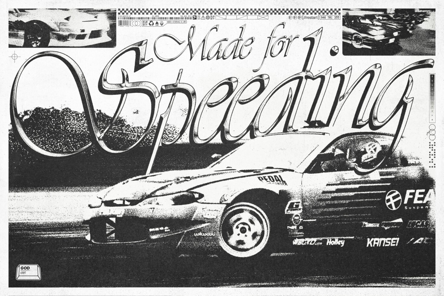 Monochrome car racing graphic with bold script Made for Speeding; ideal for designers seeking dynamic mockups and high-speed themed templates.
