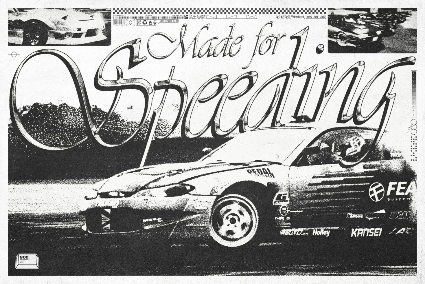 Black and white racing car graphic with bold text made for speeding ideal for designers seeking vintage aesthetic fonts and graphics digital assets.
