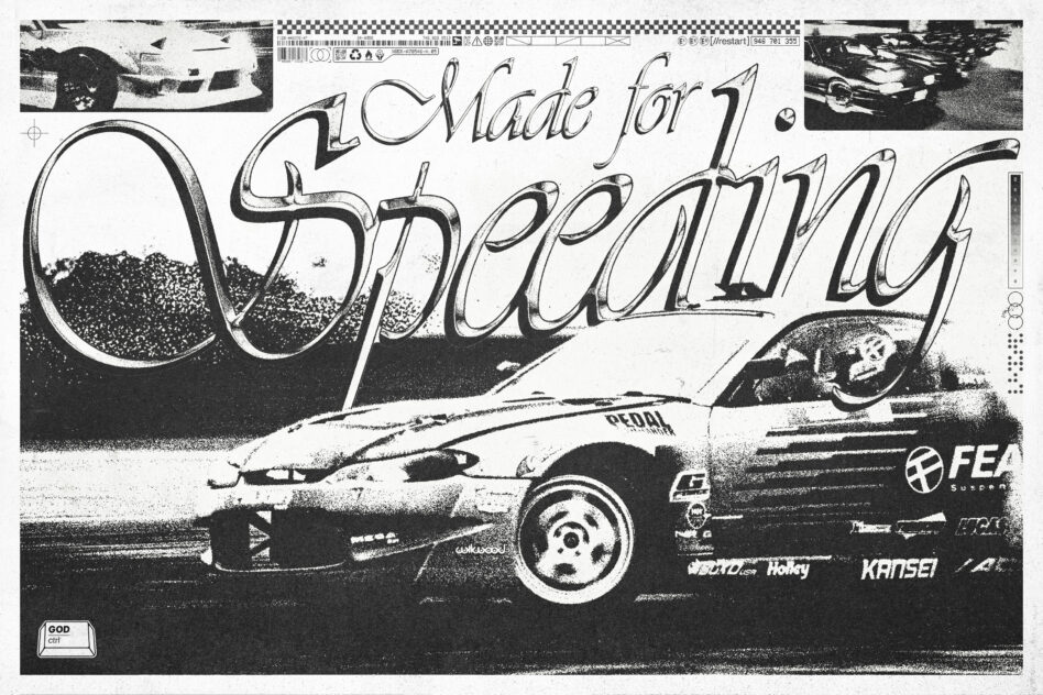 Retro racing car with Made for Racing text in italic script font
