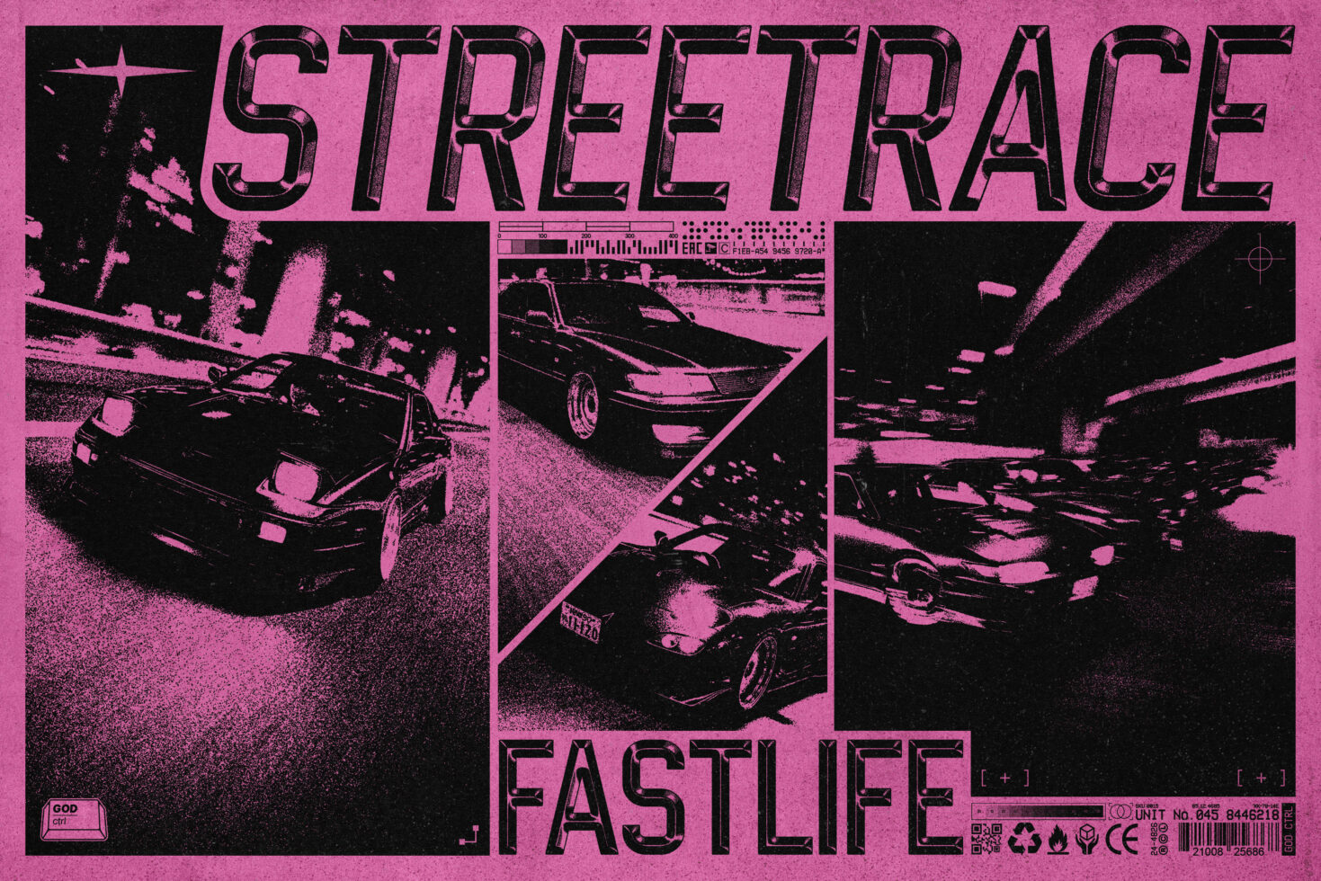 Retro street race poster design with bold typography and fast cars, ideal for graphic templates, urban style themes, and designer mockups.