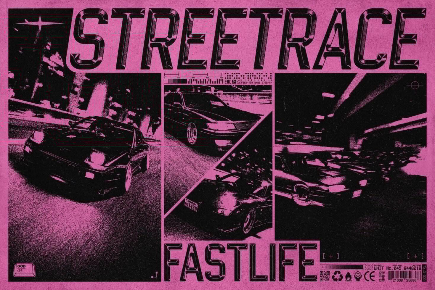 Retro street racing graphic with fast cars in motion, bold text Streetrace Fastlife, vibrant pink and black color scheme, perfect for graphic design templates.
