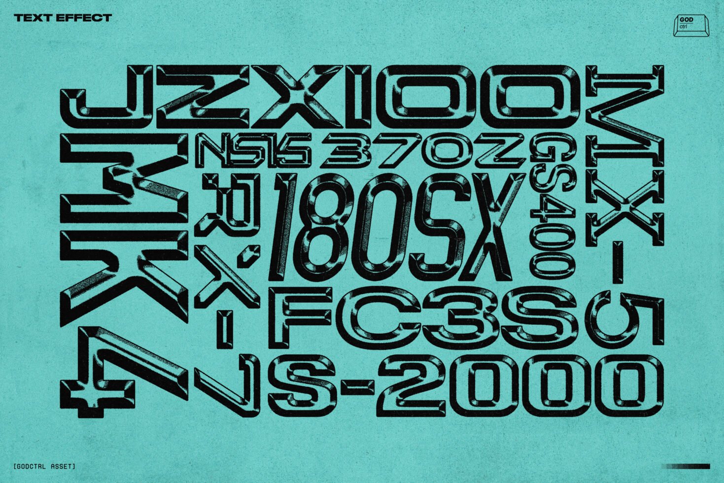 Bold 3D text effect on turquoise background with various alphanumeric combinations. Ideal for designers seeking unique graphic templates and typography assets.