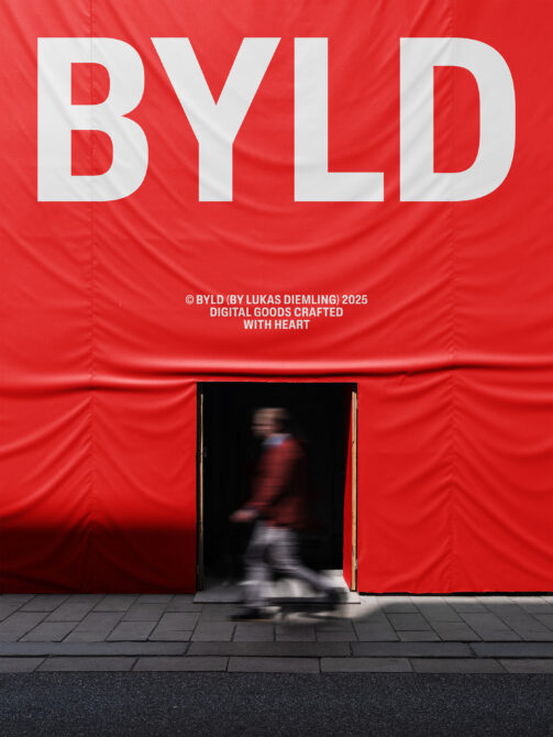 Bright red backdrop displaying BYLD text, open doorway with blurred pedestrian passing through