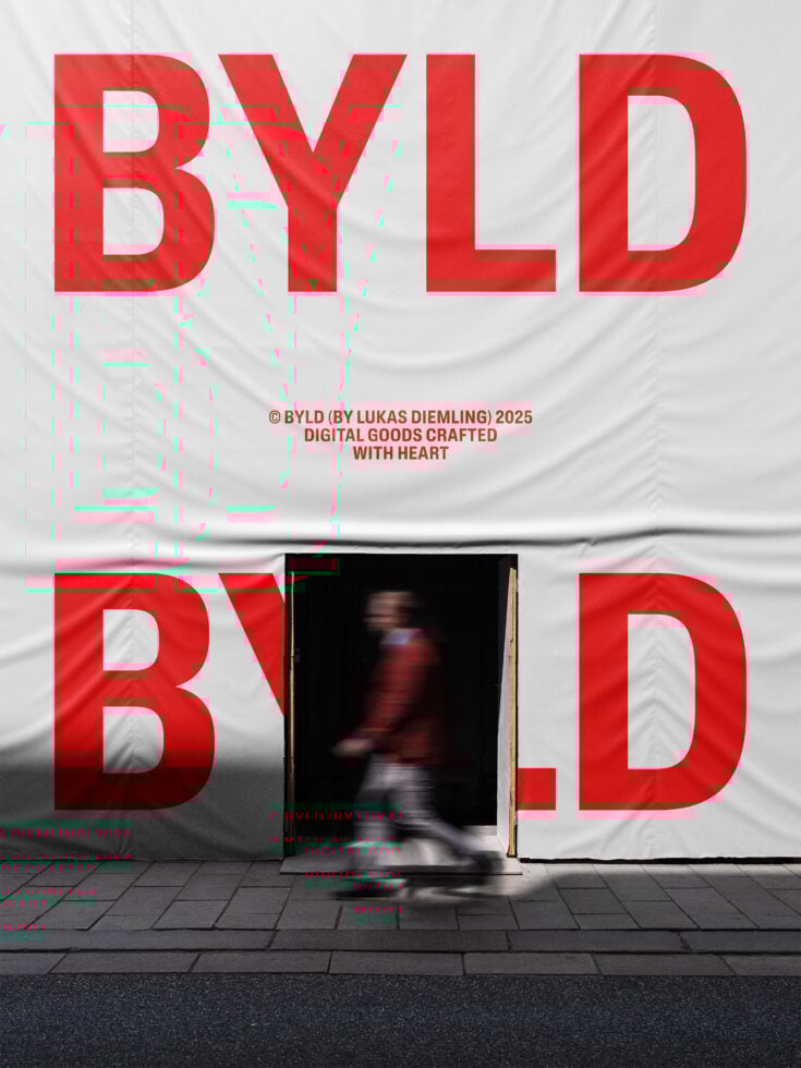 BYLD text on large banner with blurred pedestrian passing. Ideal for mockups, templates, or graphic design showcasing urban branding concepts.