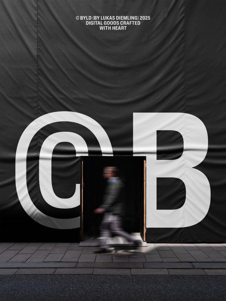 Blurred person walking, large bold letters on dark fabric, urban design, street scene, digital asset, typography, graphic background, designer focus