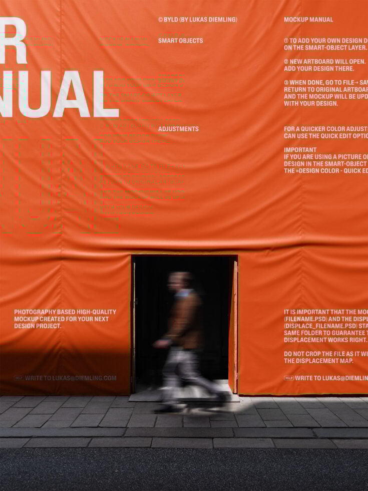 High-quality mockup featuring an orange fabric background with text instructions and blurred pedestrian. Ideal for designers seeking photography-based graphics.