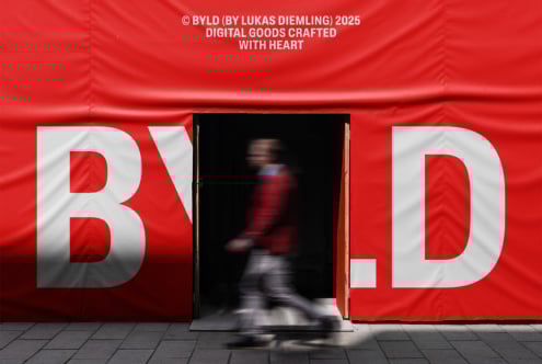 Man walking through a doorway with a large red and white banner displaying BYLD from Lukas Diemling; digital goods crafted with heart; creative design mockup
