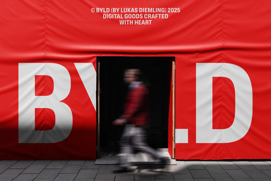Red fabric with split white BD letters, open entrance with motion blur figure walking out